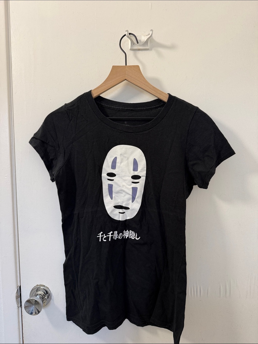 Hot Topic Black Tee with White No-Face Mask and Purple Accents